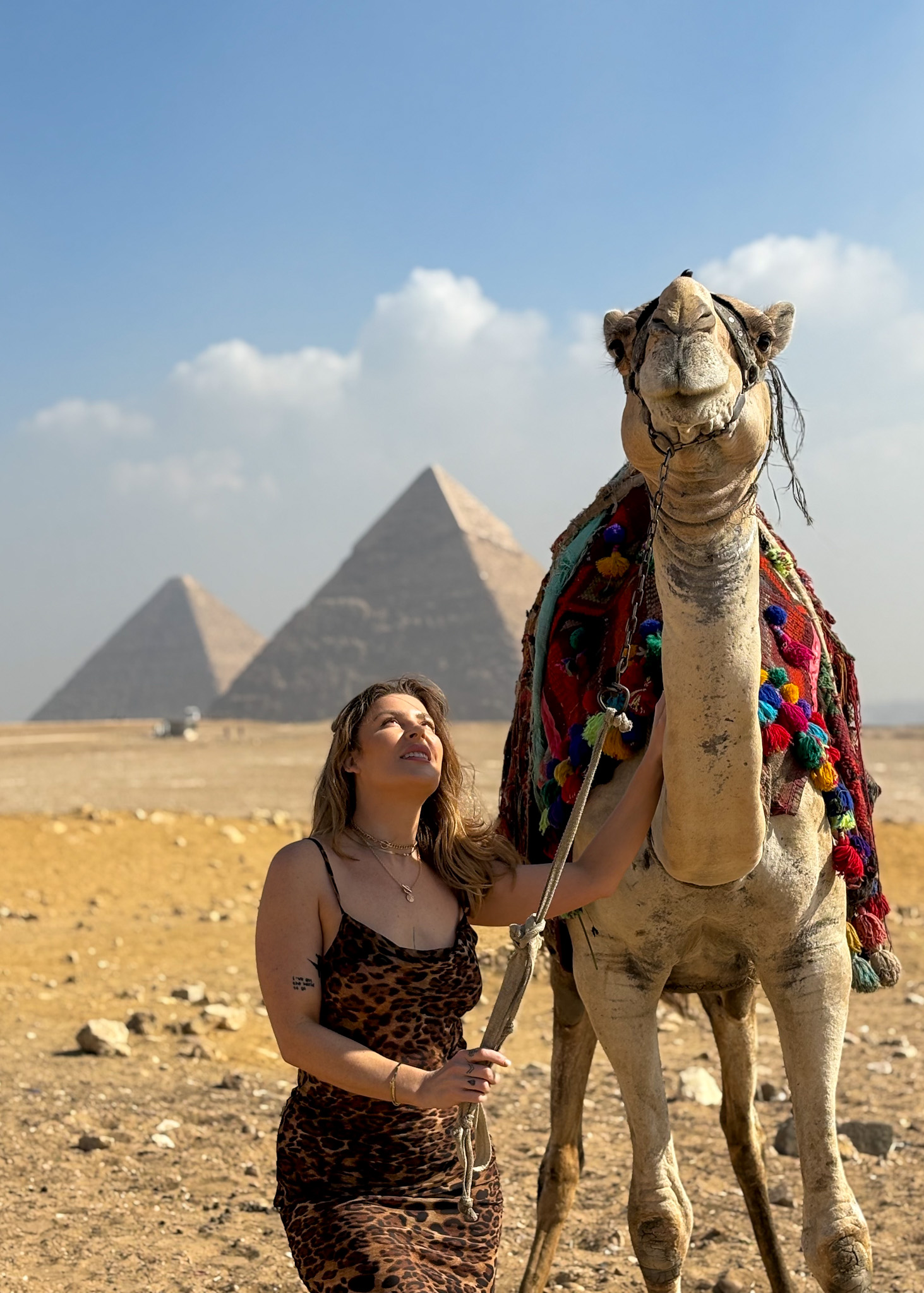 A woman in a leopard-print dress holds a camel’s reins while gazing up at it, with the iconic Pyramids of Giza in the background.