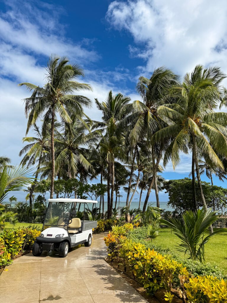 Palm-lined path with a golf cart at Riu Palace in Mauritius, facing the ocean