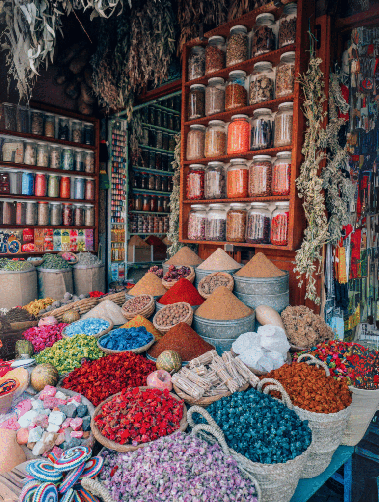 Spices and herbs displayed in baskets and jars in a Marrakech souk, with vibrant colors and traditional Moroccan presentation.